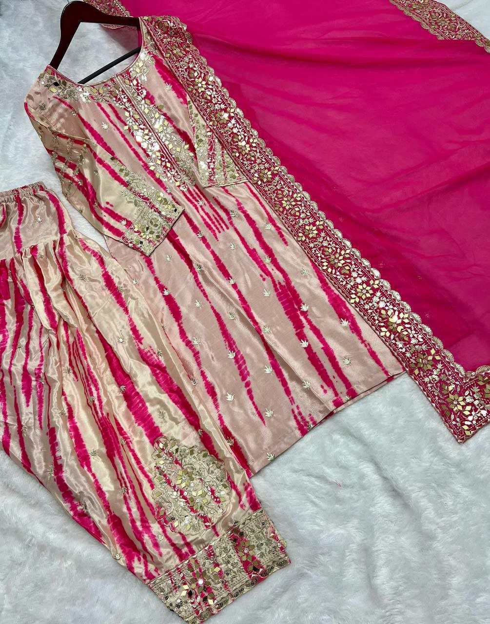 Pure Chinnon Silk With Digital Print and Heavy Embroidery Sequence Work With Real Mirror Work And Full Sleeve SP4