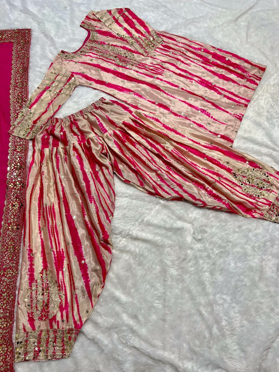 Pure Chinnon Silk With Digital Print and Heavy Embroidery Sequence Work With Real Mirror Work And Full Sleeve SP4