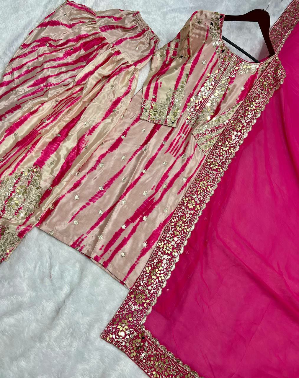 Pure Chinnon Silk With Digital Print and Heavy Embroidery Sequence Work With Real Mirror Work And Full Sleeve SP4