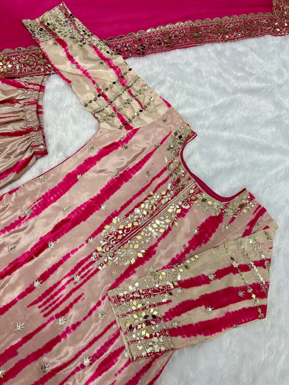 Pure Chinnon Silk With Digital Print and Heavy Embroidery Sequence Work With Real Mirror Work And Full Sleeve SP4