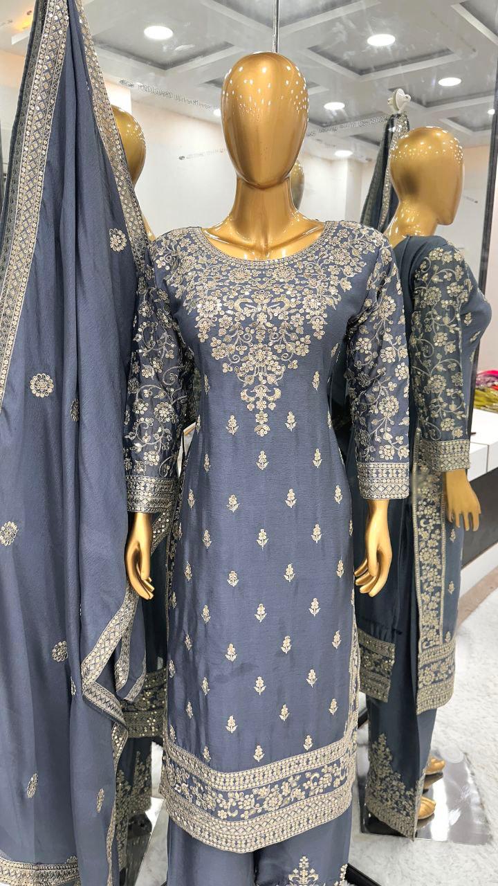 Pure Chinnon Silk With Heavy Embroidery Sequence Work And Full Sleeve