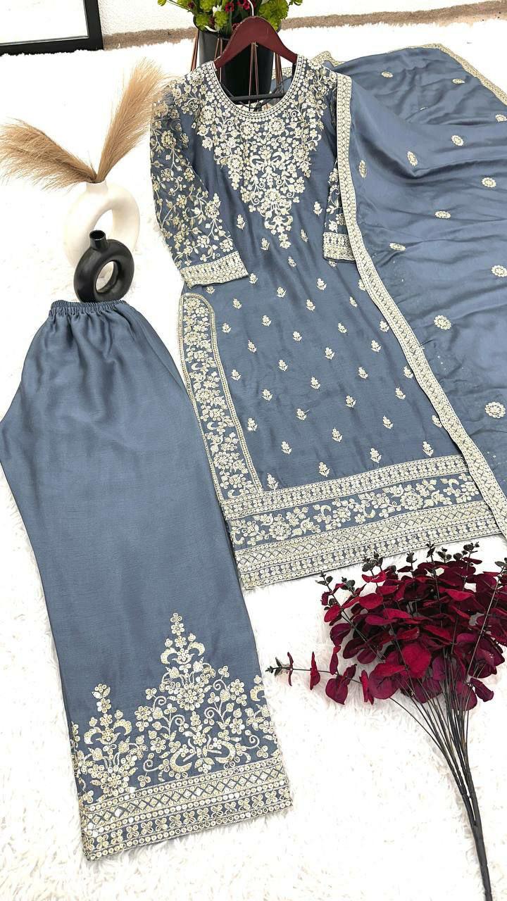 Pure Chinnon Silk With Heavy Embroidery Sequence Work And Full Sleeve