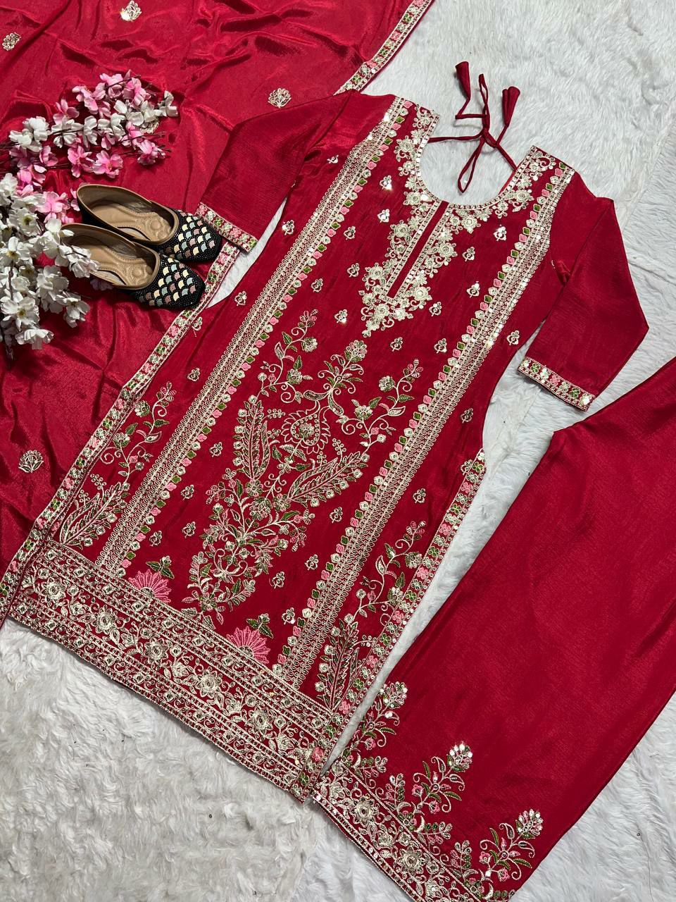 Pure Heavy Chinnon Silk With Heavy Embroidery Coding Sequence Work