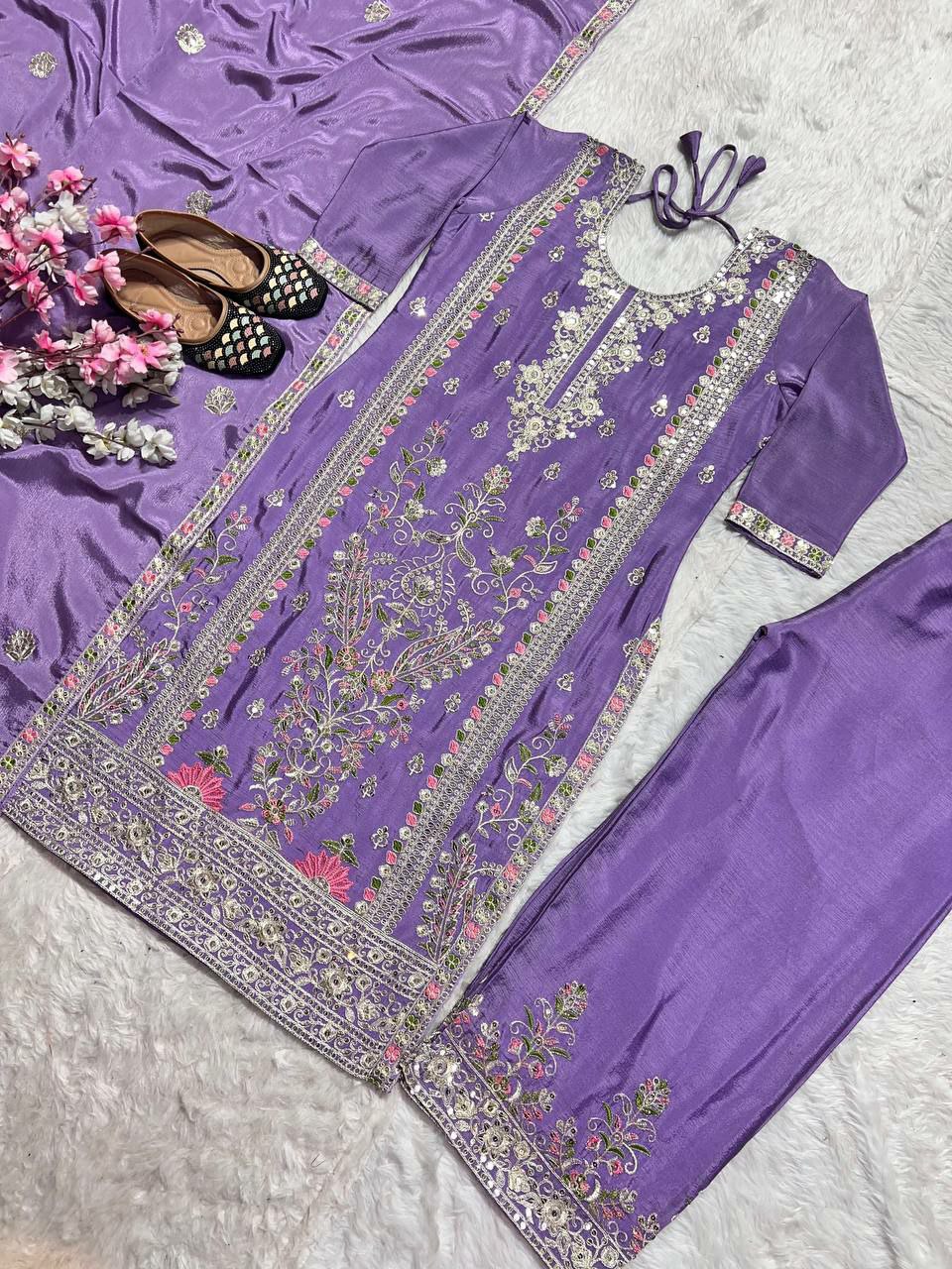 Pure Heavy Chinnon Silk With Heavy Embroidery Coding Sequence Work