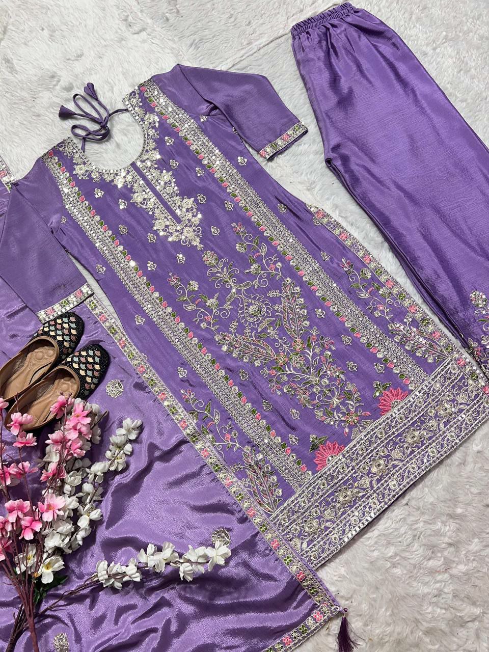 Pure Heavy Chinnon Silk With Heavy Embroidery Coding Sequence Work