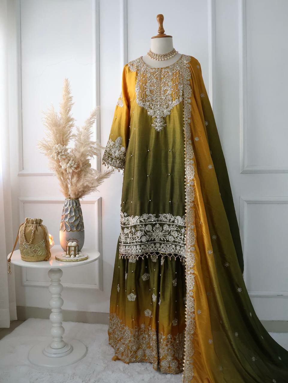 Pure Chinnon Silk With Heavy Embroidery Coding Dori-Sequence Work With Full Sleeve