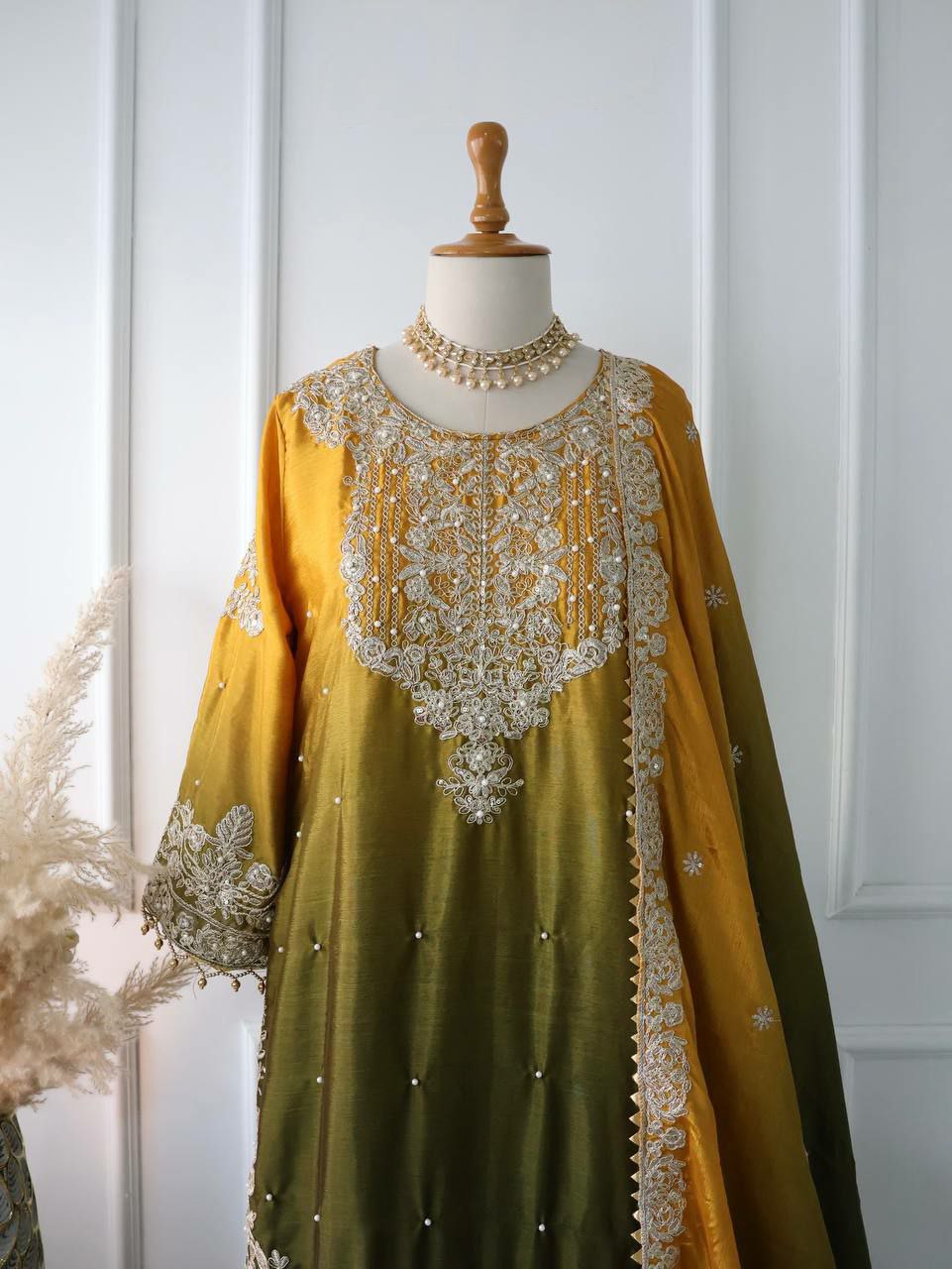 Pure Chinnon Silk With Heavy Embroidery Coding Dori-Sequence Work With Full Sleeve