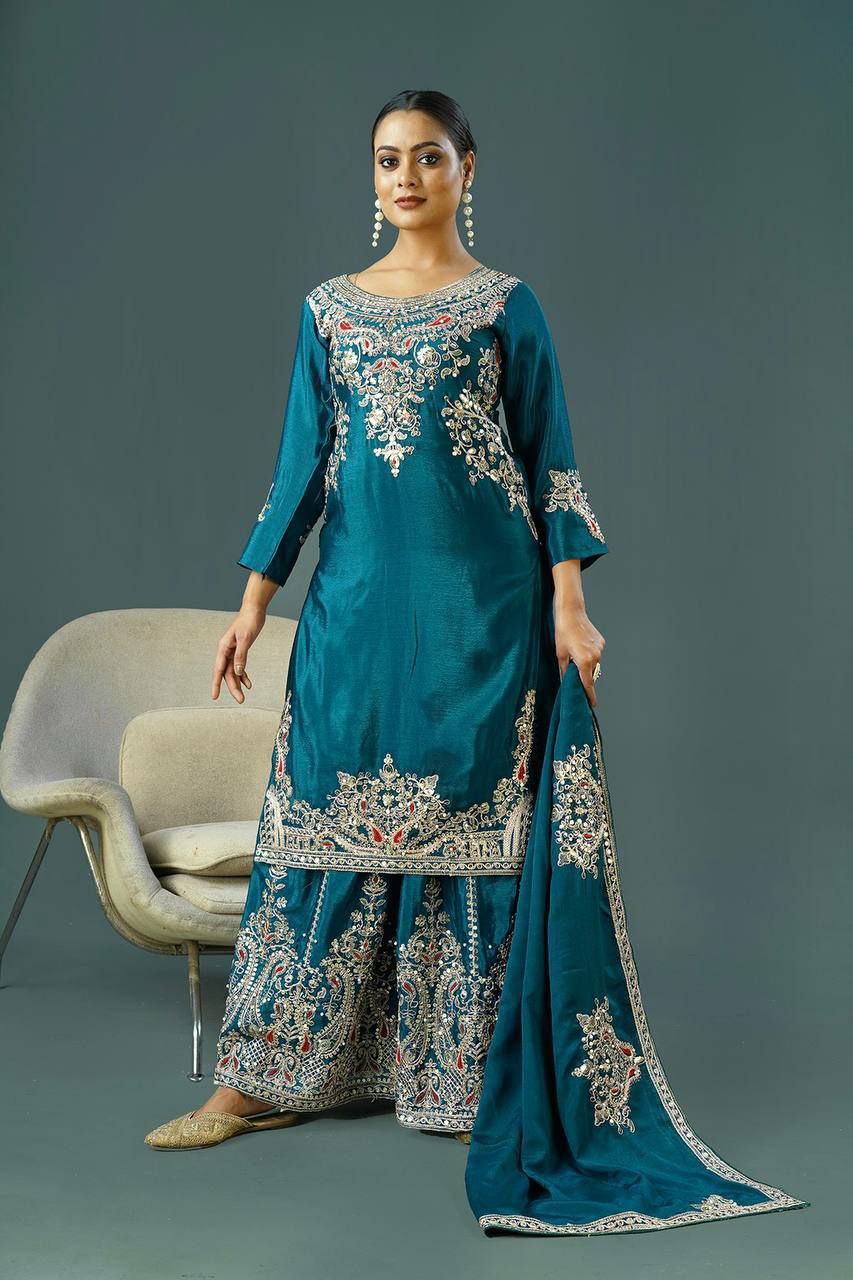 Pure Chinnon Silk With Heavy Embroidery Coding Dori-Sequence Work With Full Sleeve