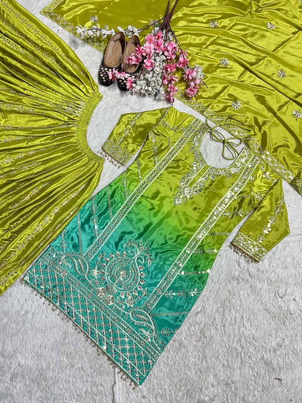 Pure Heavy Chinnon Silk With Digital Print heavy Embroidery Coding Sequence Work With Full Embroidery Sleeve