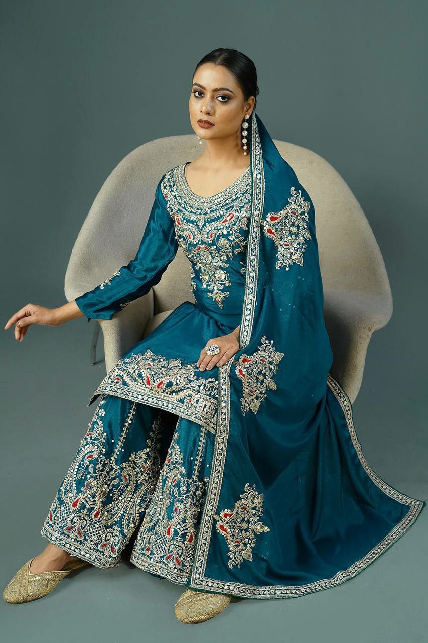 Pure Chinnon Silk With Heavy Embroidery Coding Dori-Sequence Work With Full Sleeve