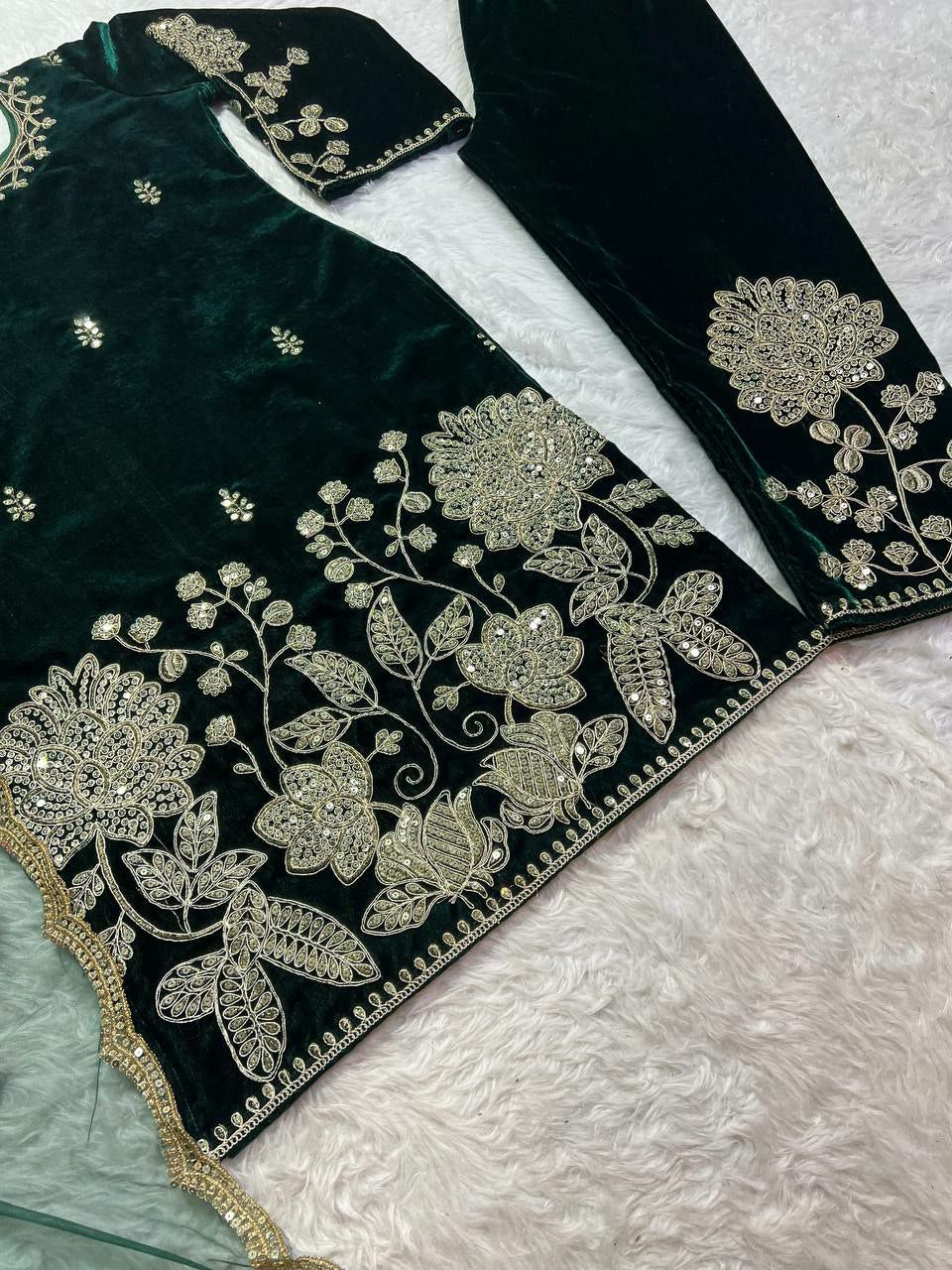 Pure Heavy Viscose Velvet With Heavy Embroidery Coding Sequence Work With Full Embroidery Sleeve