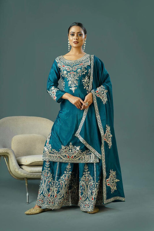 Pure Chinnon Silk With Heavy Embroidery Coding Dori-Sequence Work With Full Sleeve