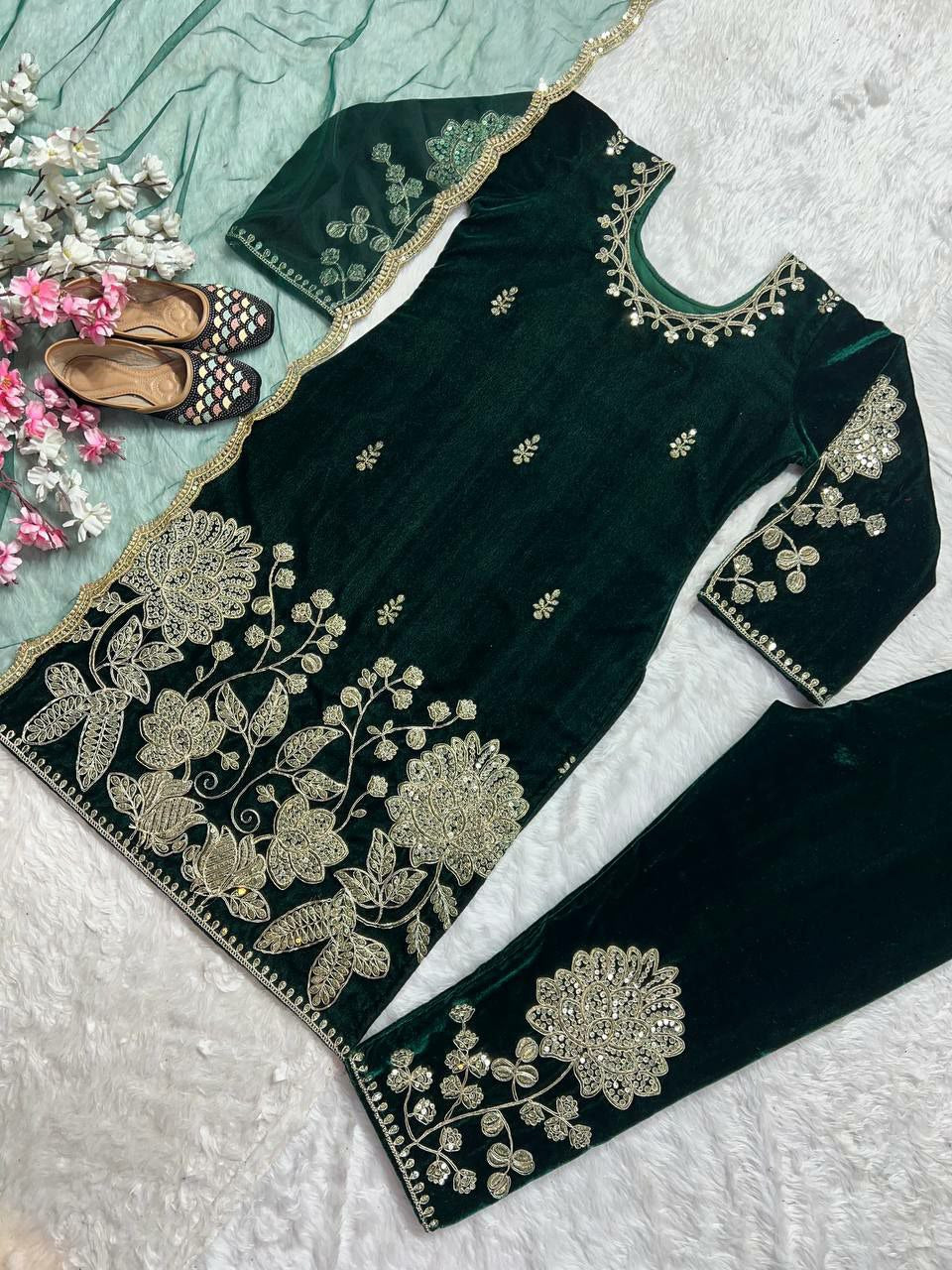 Pure Heavy Viscose Velvet With Heavy Embroidery Coding Sequence Work With Full Embroidery Sleeve