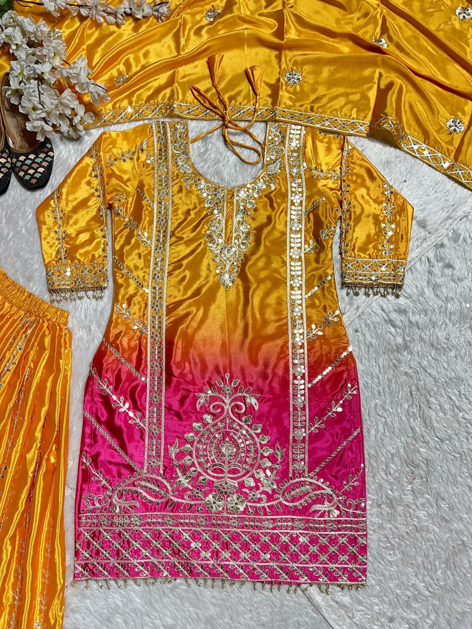 Pure Heavy Chinnon Silk With Digital Print heavy Embroidery Coding Sequence Work With Full Embroidery Sleeve