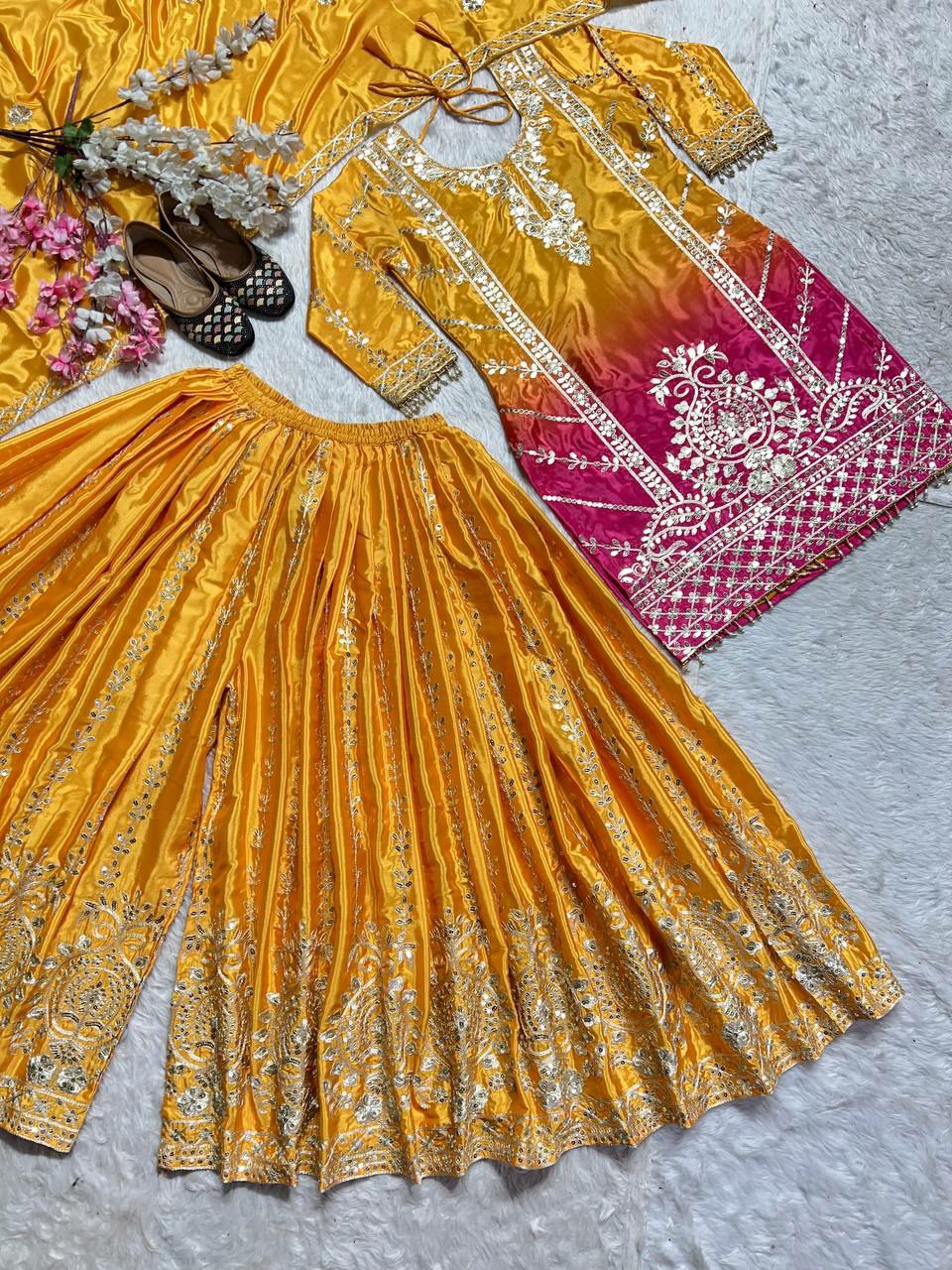 Pure Heavy Chinnon Silk With Digital Print heavy Embroidery Coding Sequence Work With Full Embroidery Sleeve