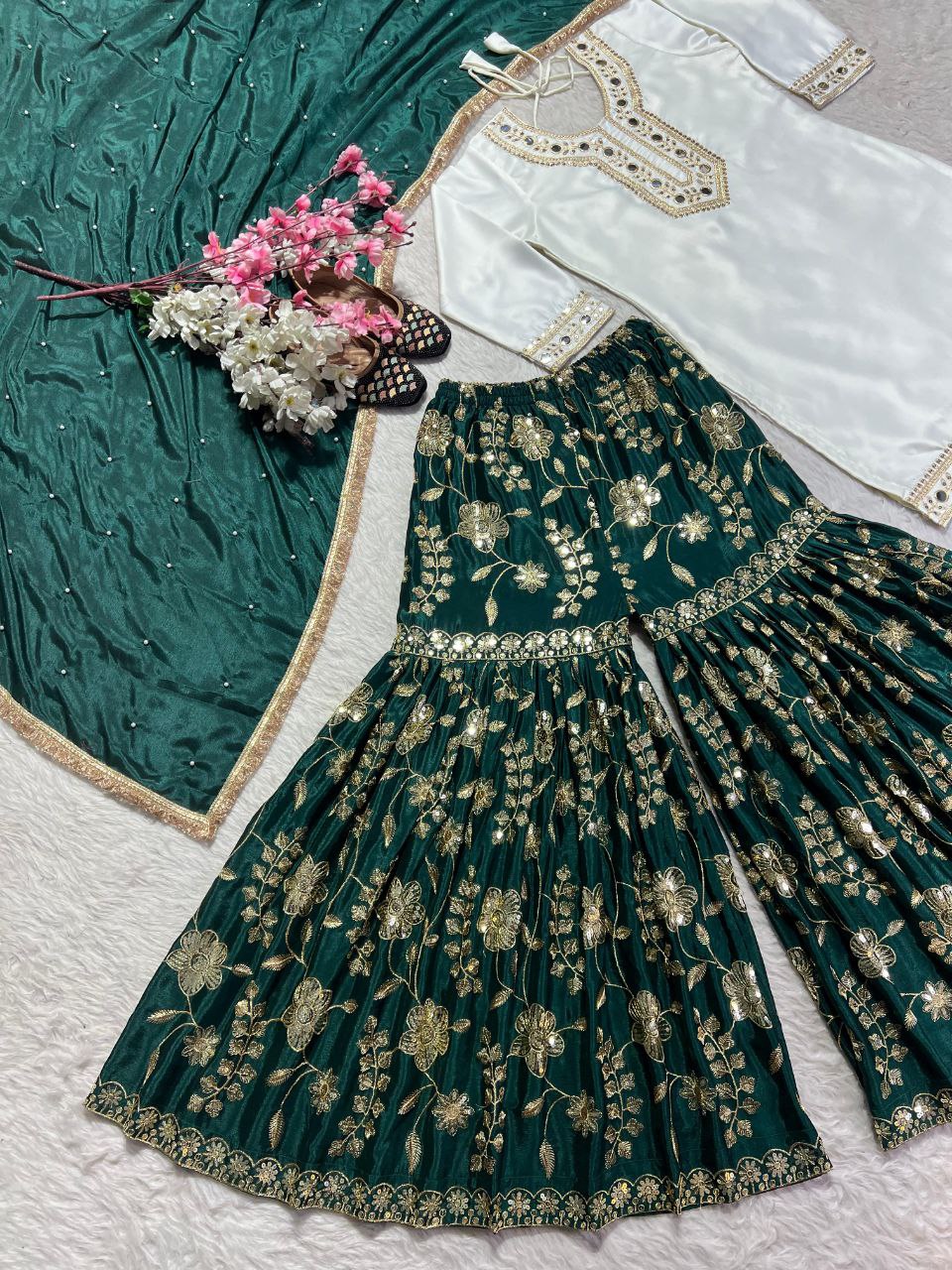 Heavy Malay Silk Fabric With Heavy Embroidery 5mm Sequence Work And *Hand Pepar MirrorWork