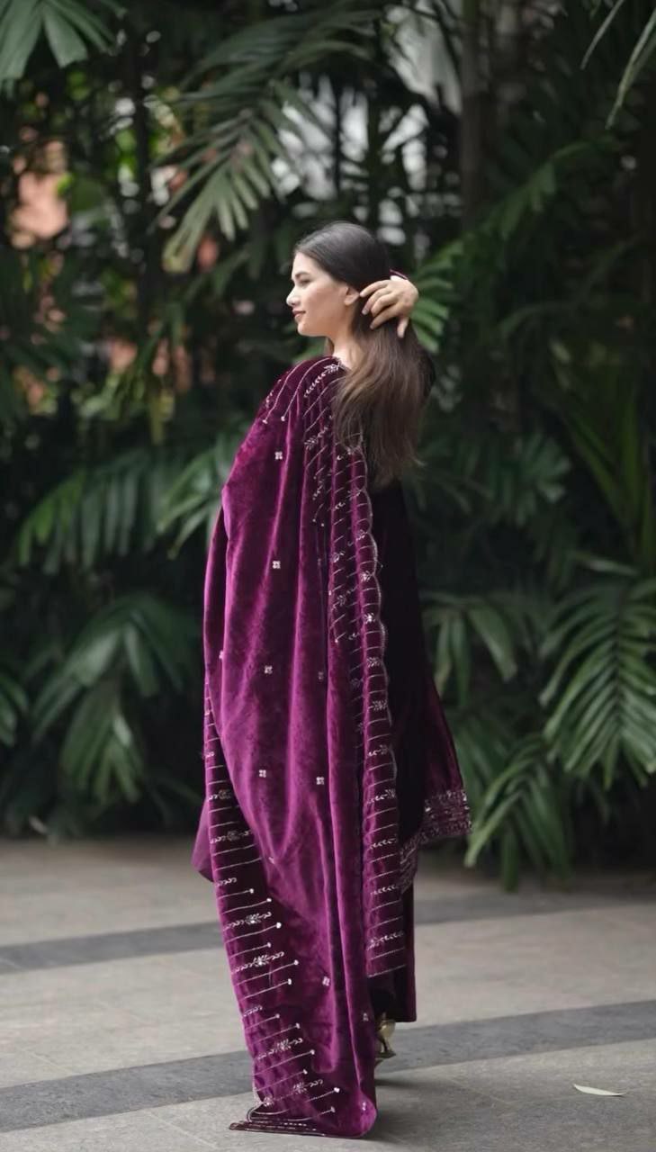 Heavy Viscose Velvet With Heavy Embroidery Sequence Work With Full Sleeves