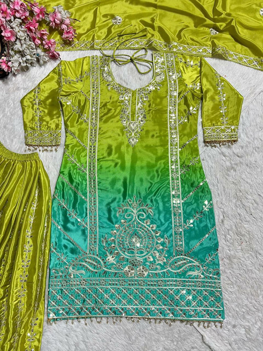 Pure Heavy Chinnon Silk With Digital Print heavy Embroidery Coding Sequence Work With Full Embroidery Sleeve