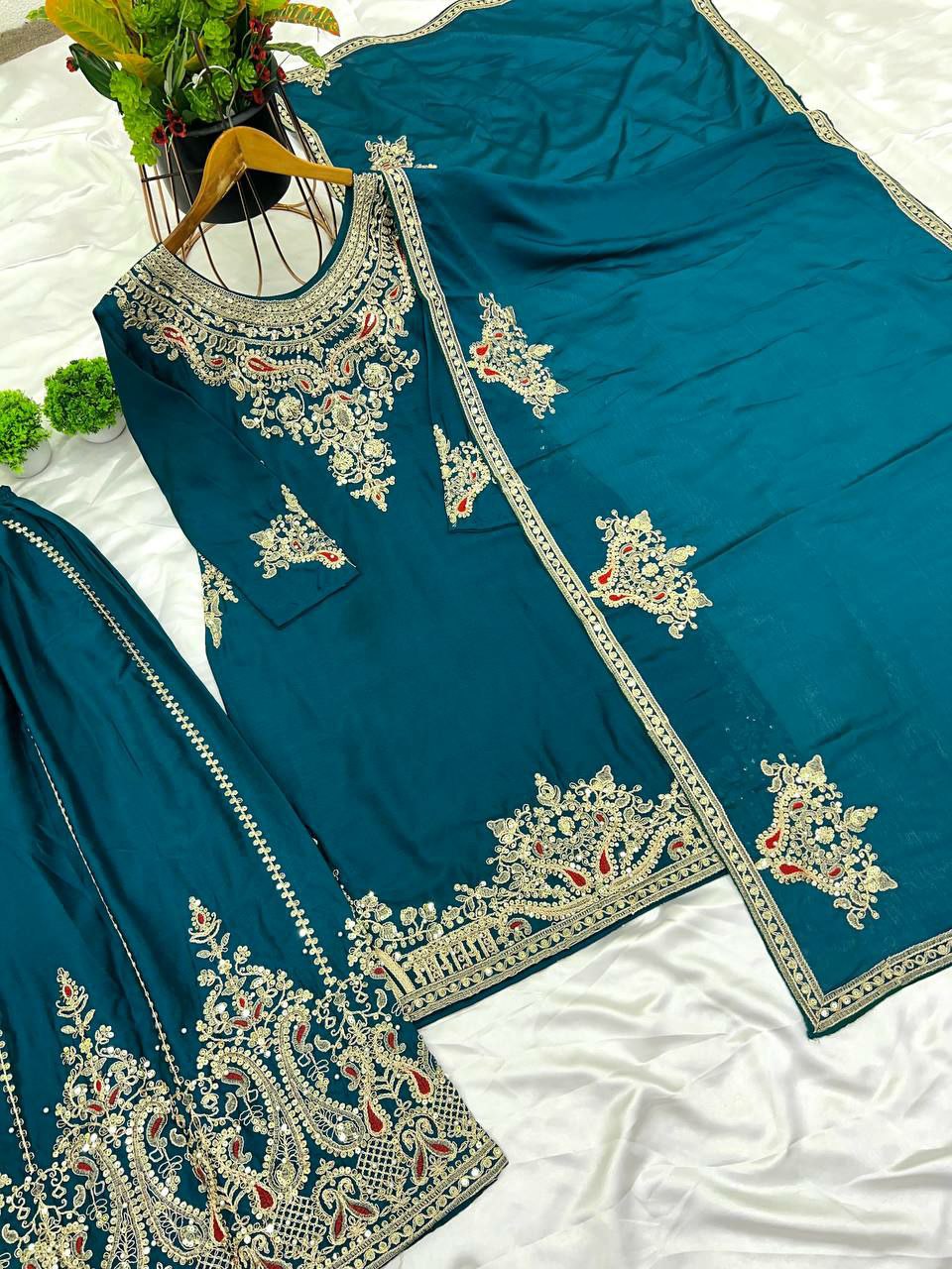 Pure Chinnon Silk With Heavy Embroidery Coding Dori-Sequence Work With Full Sleeve