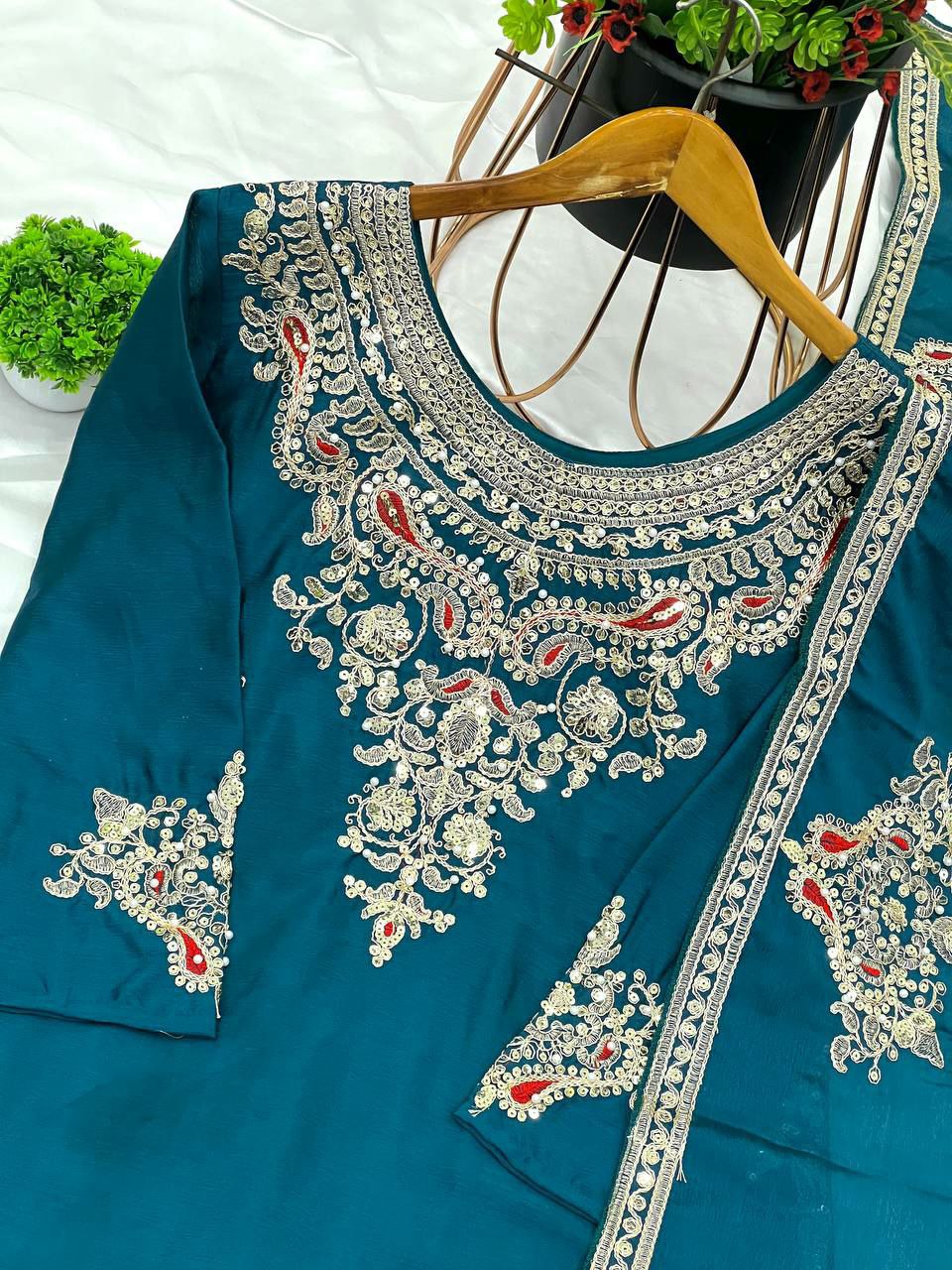 Pure Chinnon Silk With Heavy Embroidery Coding Dori-Sequence Work With Full Sleeve