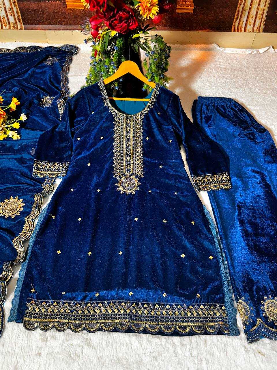 SUITS & DRESSES WHOLESALE VELVET EMBROIDERY PAKISTANI PALAZZO SUITS MANUFACTURER