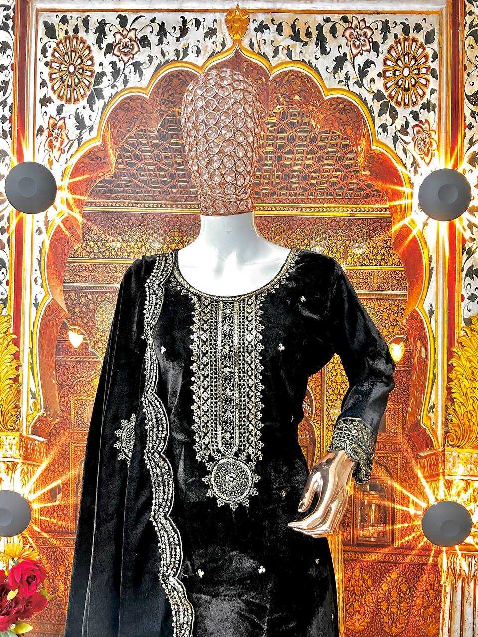 SUITS & DRESSES WHOLESALE VELVET EMBROIDERY PAKISTANI PALAZZO SUITS MANUFACTURER