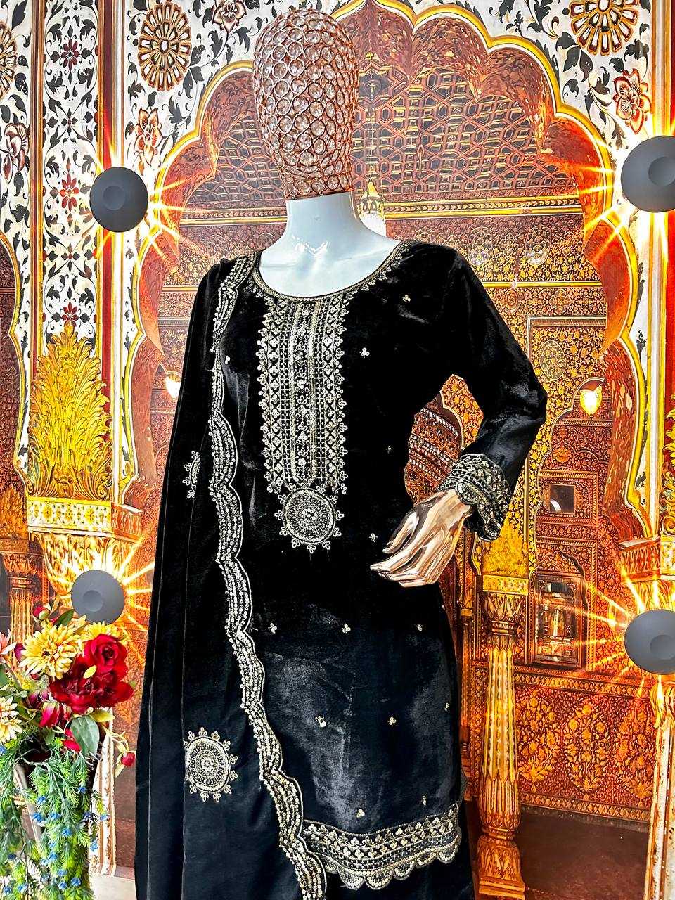 SUITS & DRESSES WHOLESALE VELVET EMBROIDERY PAKISTANI PALAZZO SUITS MANUFACTURER